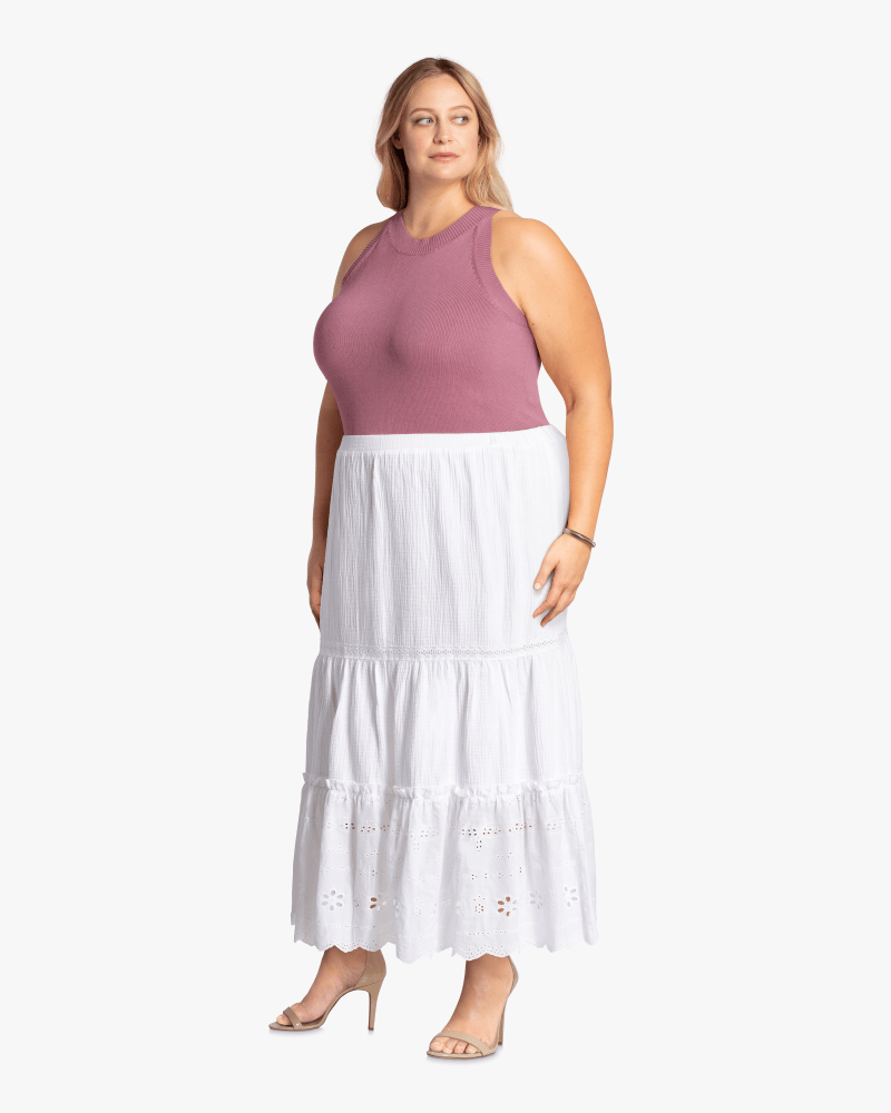 Plus size model with hourglass body shape wearing Jenna Cotton Maxi Skirt by Rafaella | Dia&Co | dia_product_style_image_id:115119